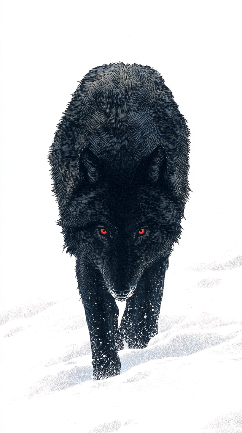 Lobo negro de olhos vermelhos caminhando pela neve branca