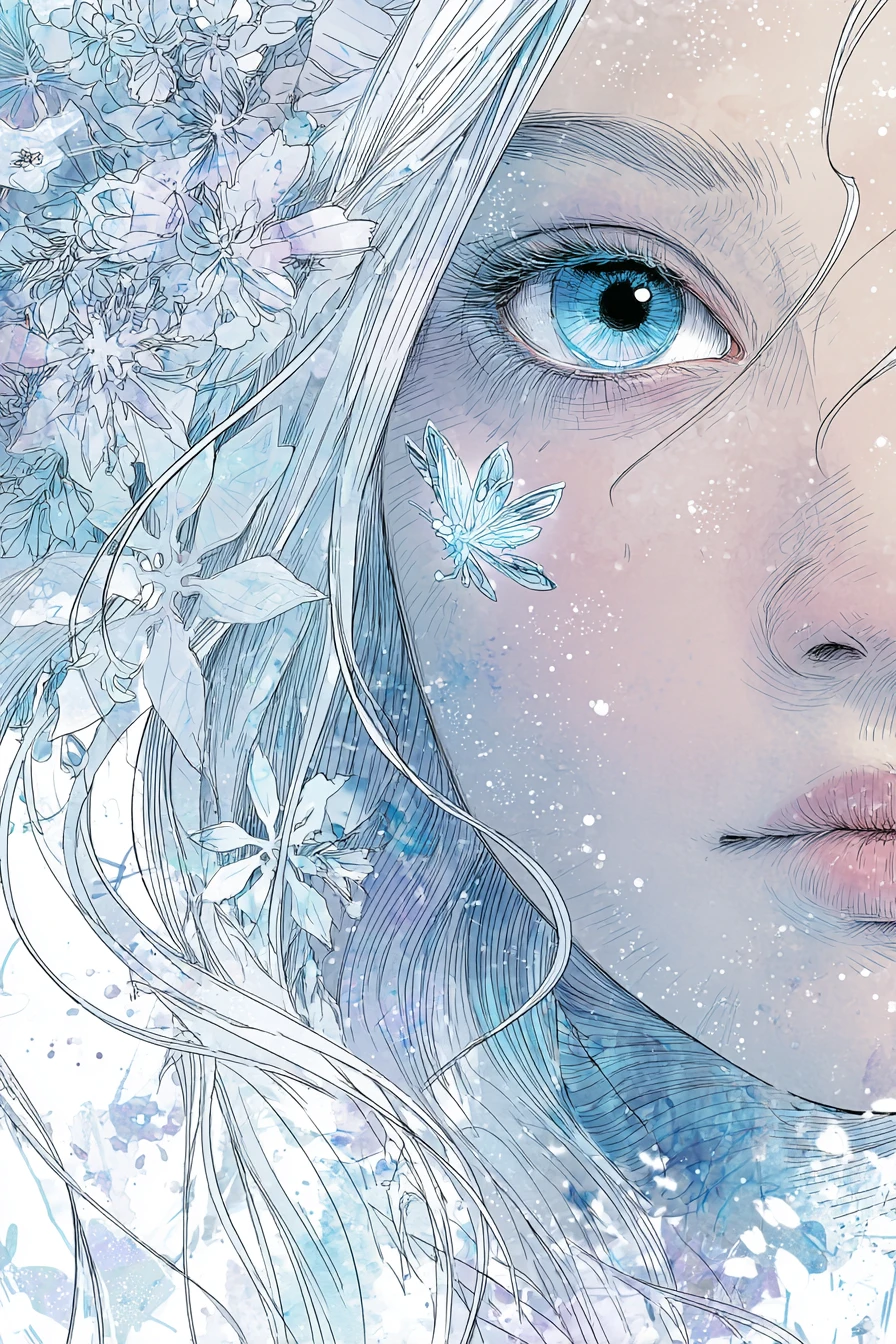 Garota de anime etérea com olhos azul-gelo no inverno