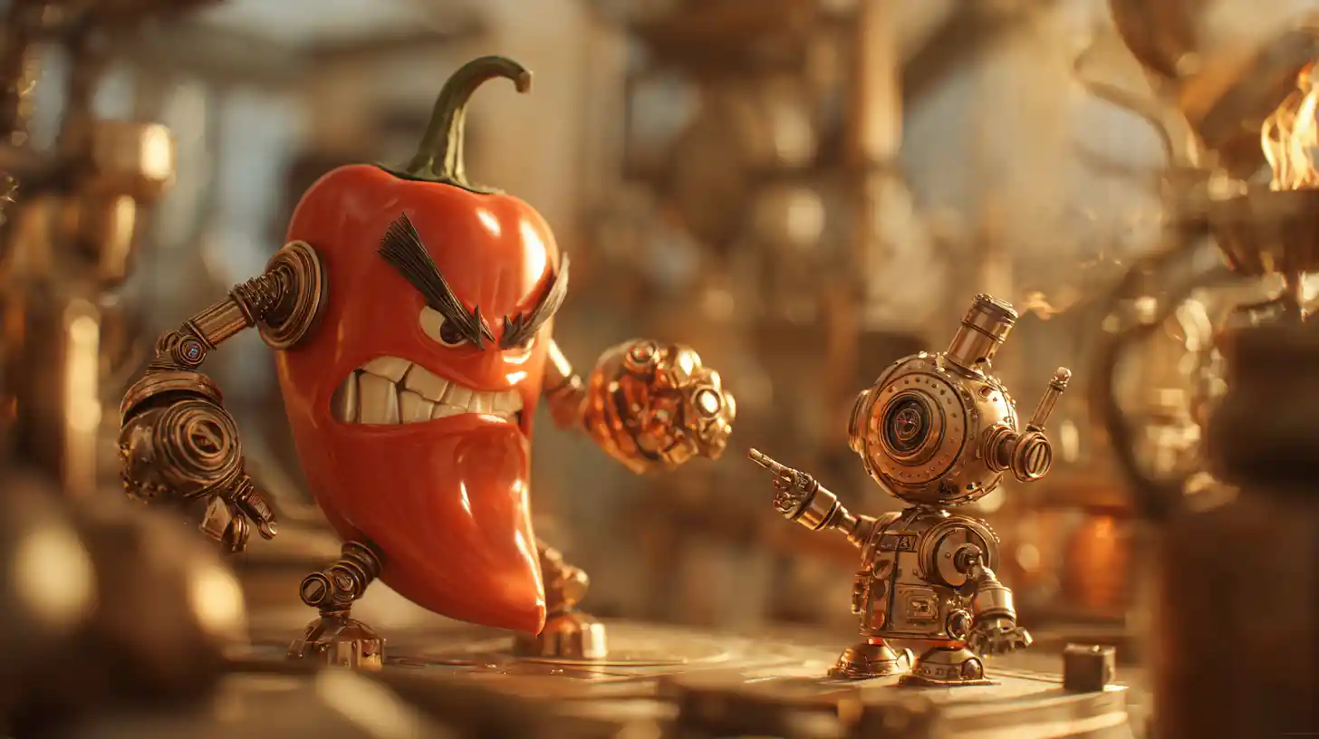 Steampunk chili pepper facing off with brave mechanical boy