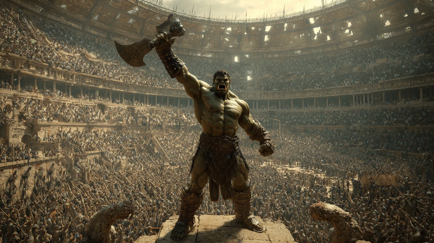 Guerrier orc gladiateur brandissant sa hache de bataille dans un cri de victoire