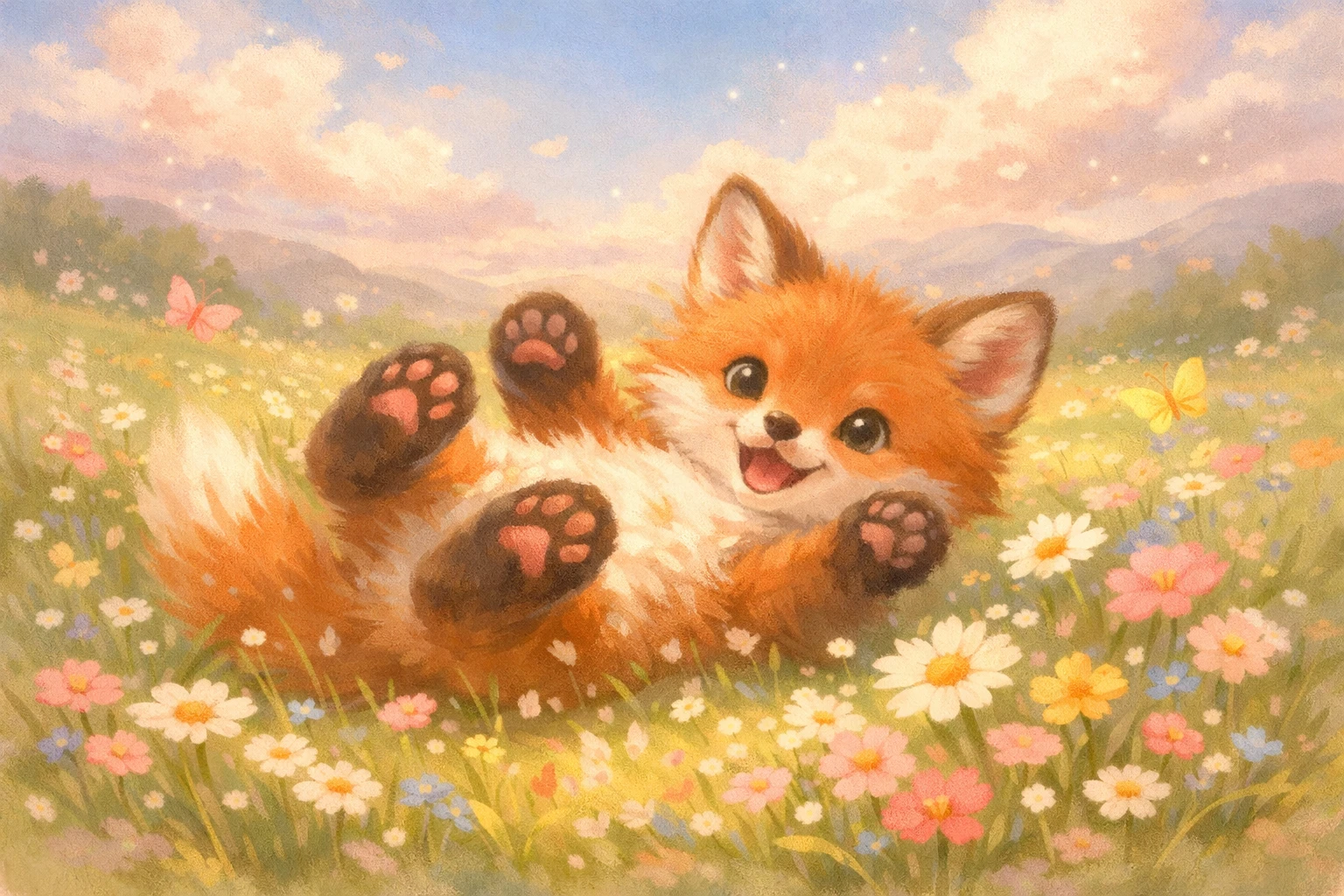 Ilustração de raposinha fofa rolando em um prado de primavera