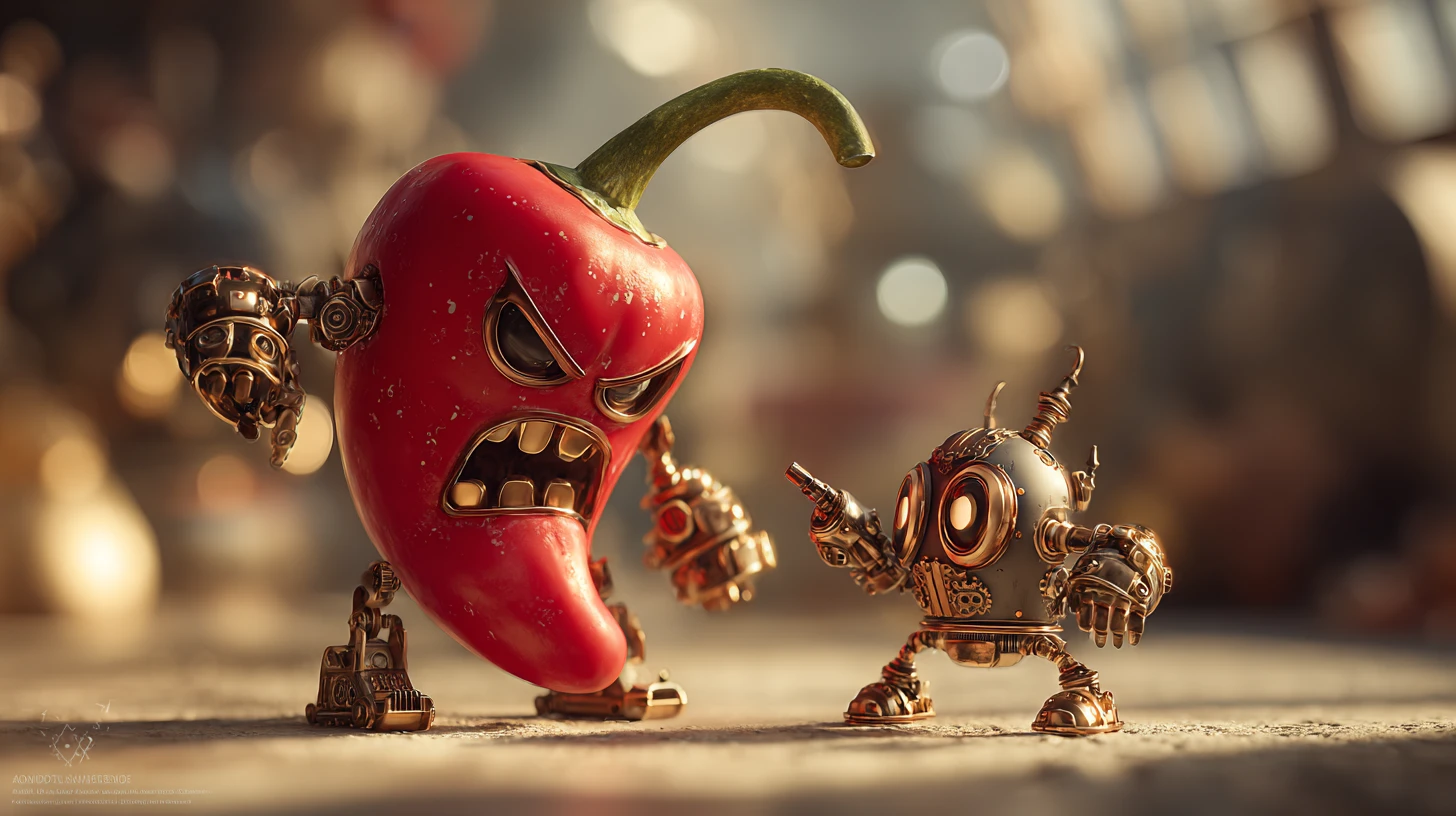 Steampunk Chili Pepper Confronted By Brave Mechanical Boy