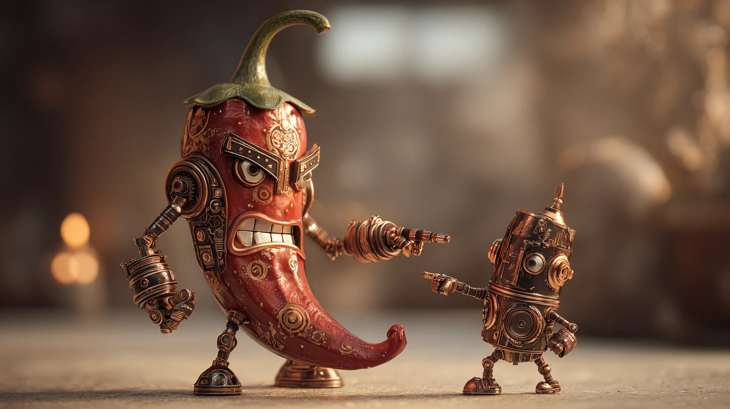 Peperoncino steampunk di fronte a un coraggioso ragazzo meccanico