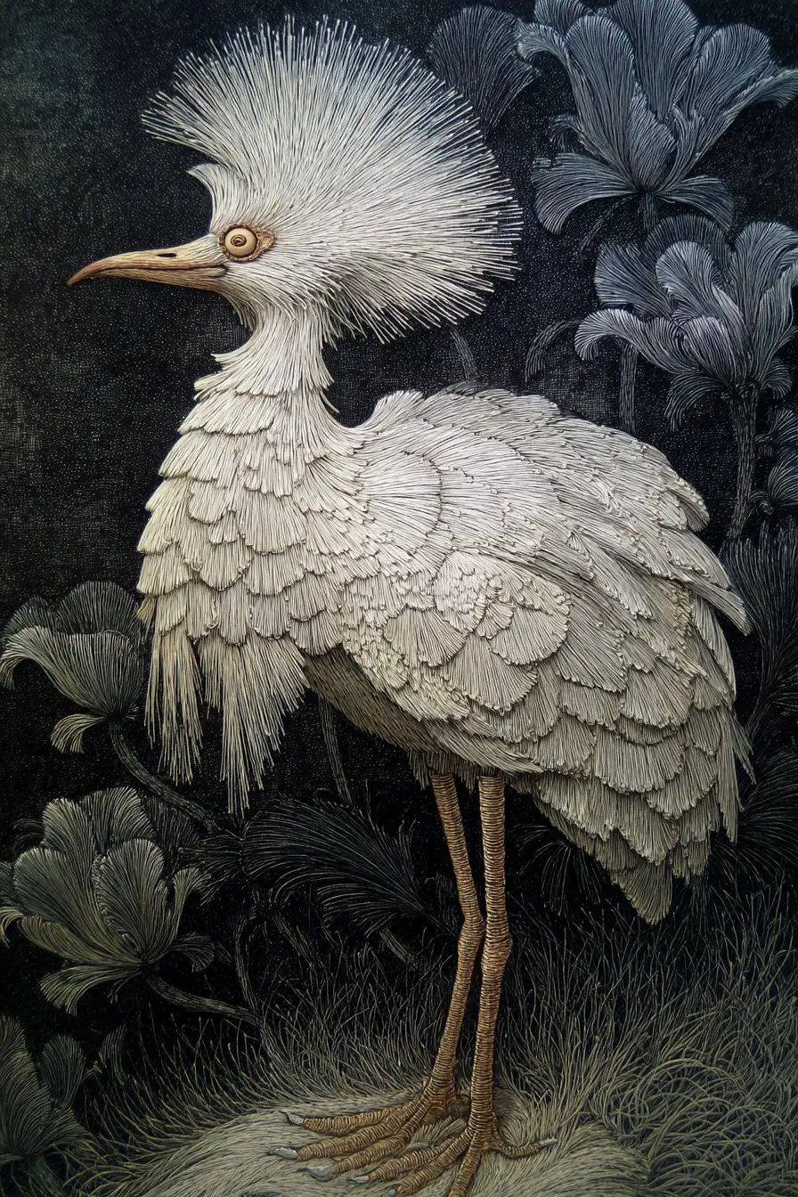 Fröhlicher surrealer Vogel mit Nylonfedern und Nickeldetails