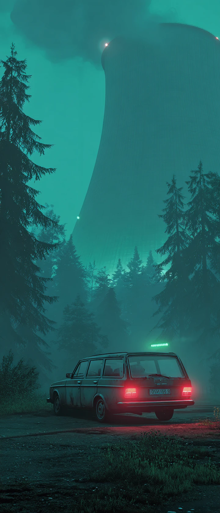 Rostiger Kombi auf einer Straßenkulisse in der Dämmerung mit leuchtendem Turm