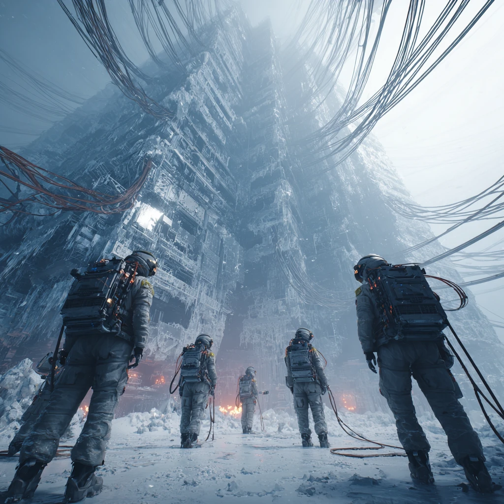 Pilgrims Linked To A Frozen Sci Fi Server Tower