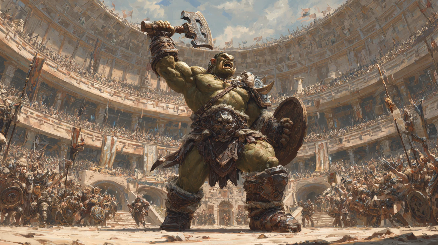 Guerrier orc gladiateur célébrant sa victoire dans une immense arène