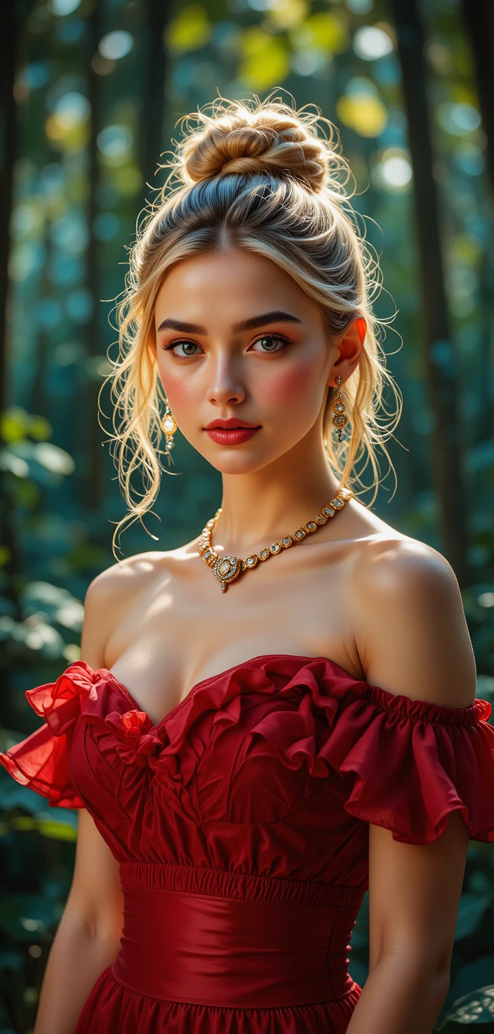 Blonde girl portrait in red dress with dramatic light