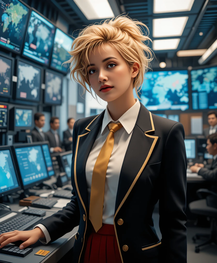 Ufficiale bionda con gonna rossa in un centro di comando high-tech
