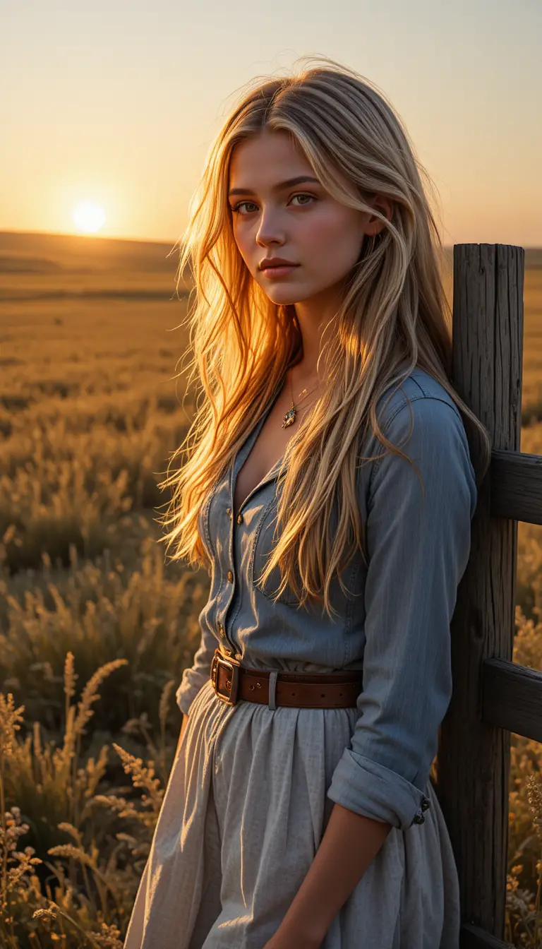 Jeune femme dans une ferme de prairie baignée de soleil à l’heure dorée