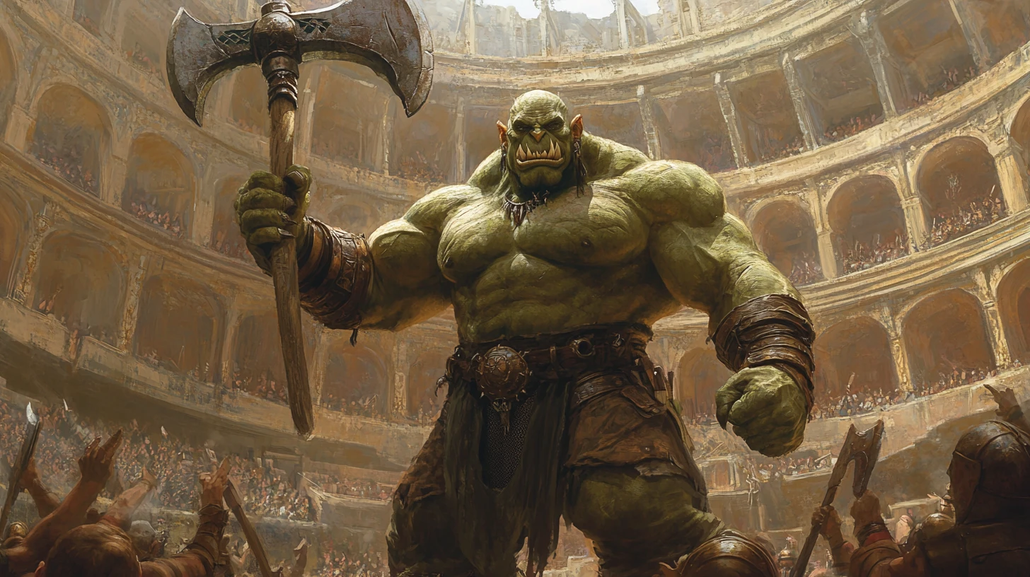 Guerreiro orc vitorioso erguendo machado de batalha em grande coliseu