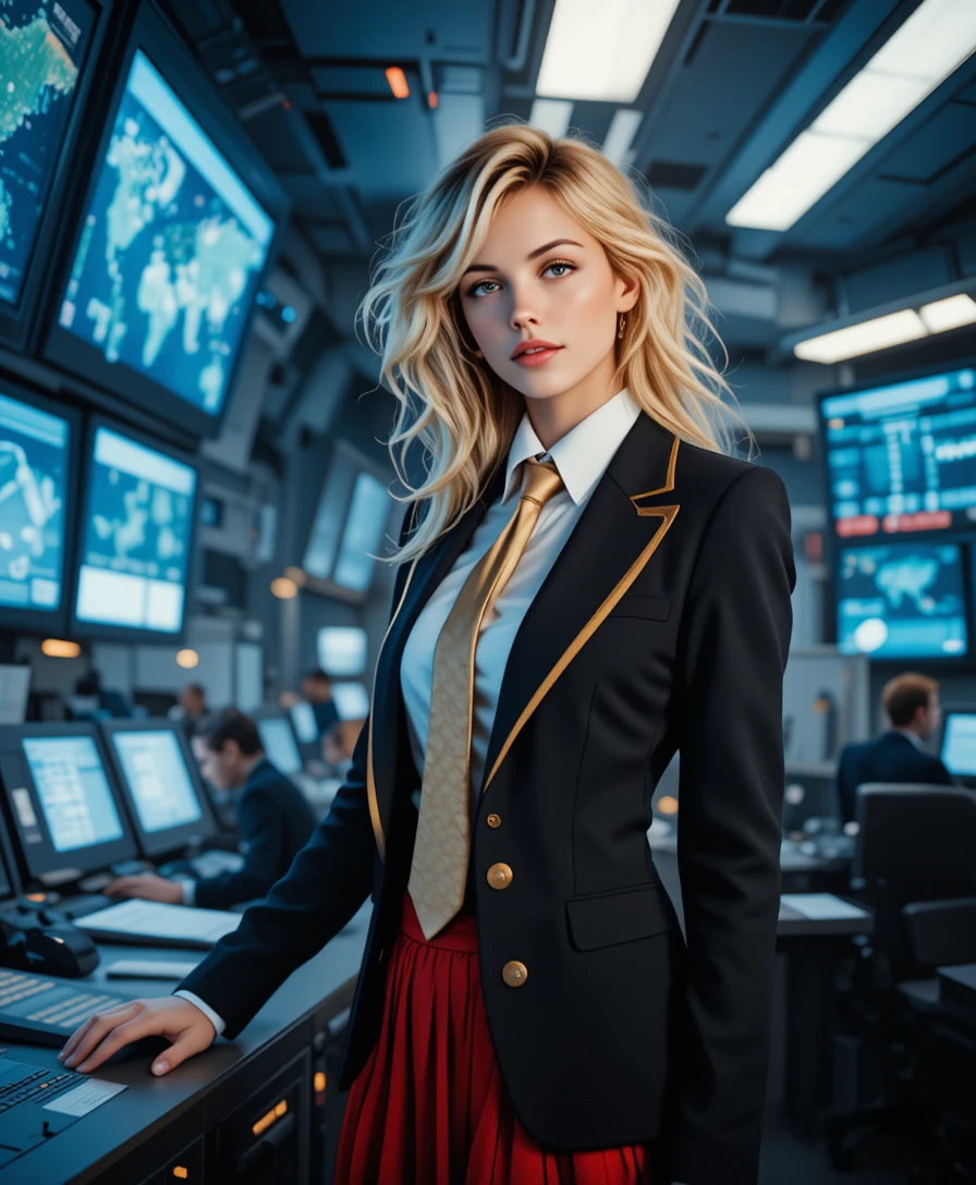 Blonde Offizierin im roten Rock in einem militärischen Kommandoraum