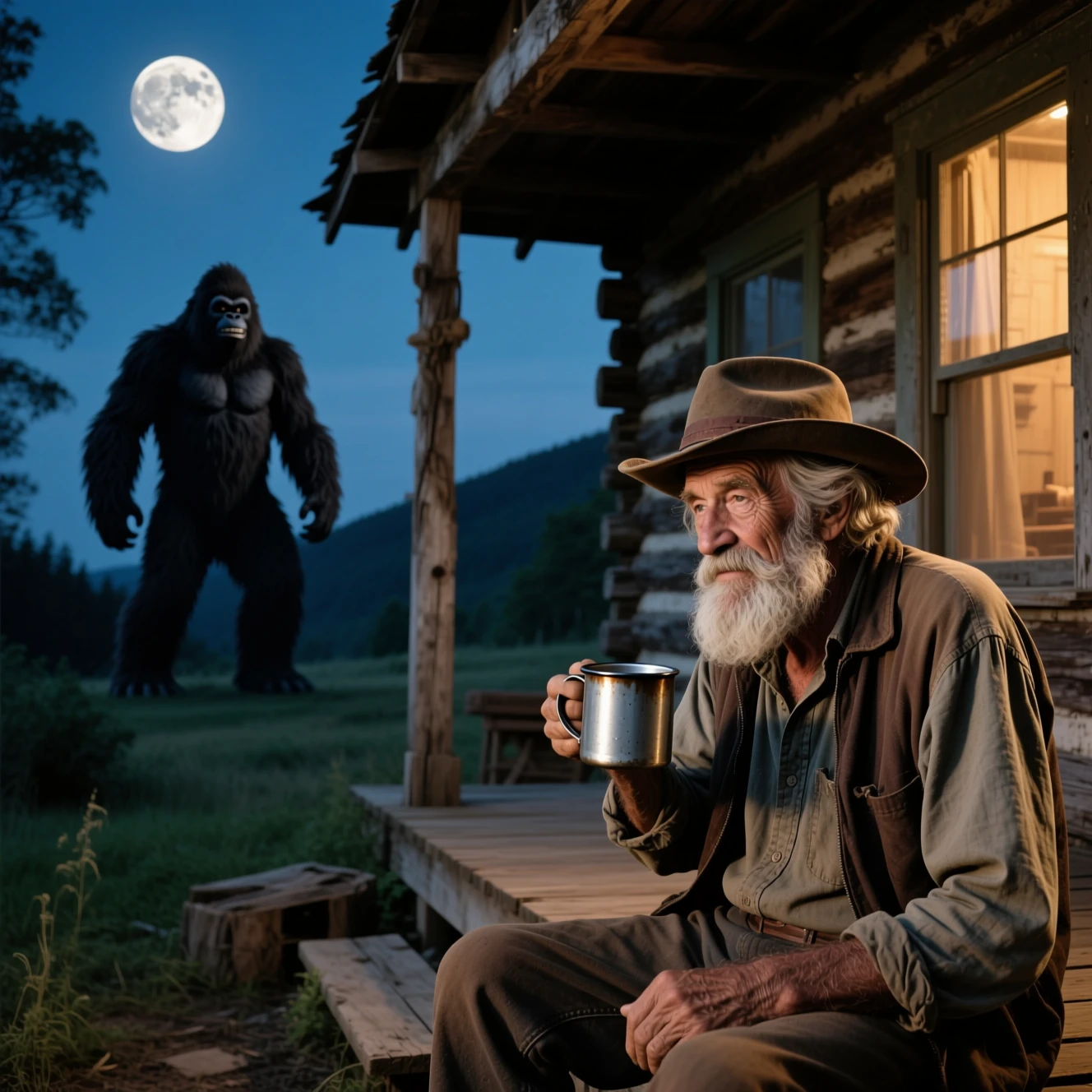 Senhor idoso tomando café na varanda rústica de cabine à noite