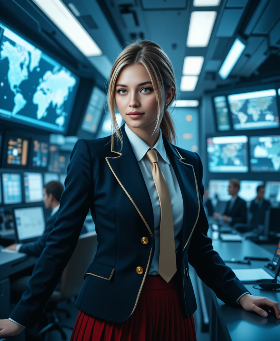 Blonde Offizierin im Kontrollraum mit digitalen Kriegskarten