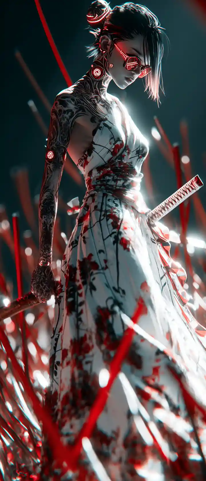 Cyberpunk warrior with neon runes above a field of swords