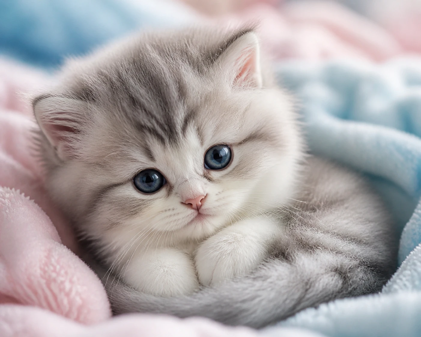 Filhote de gato fofo de olhos azuis descansando em cobertor em tons pastéis