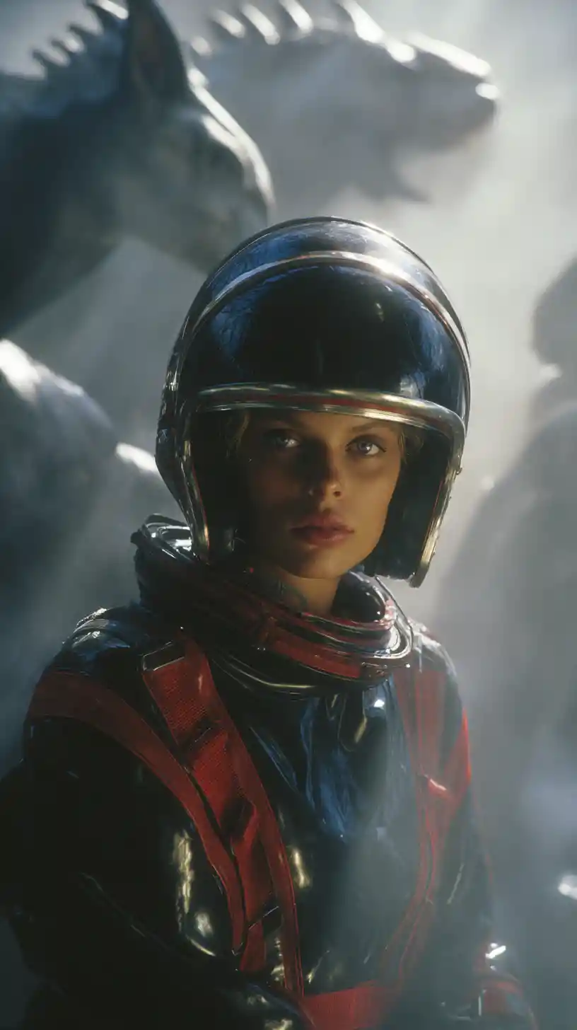 Female astronaut in black and red suit on alien world