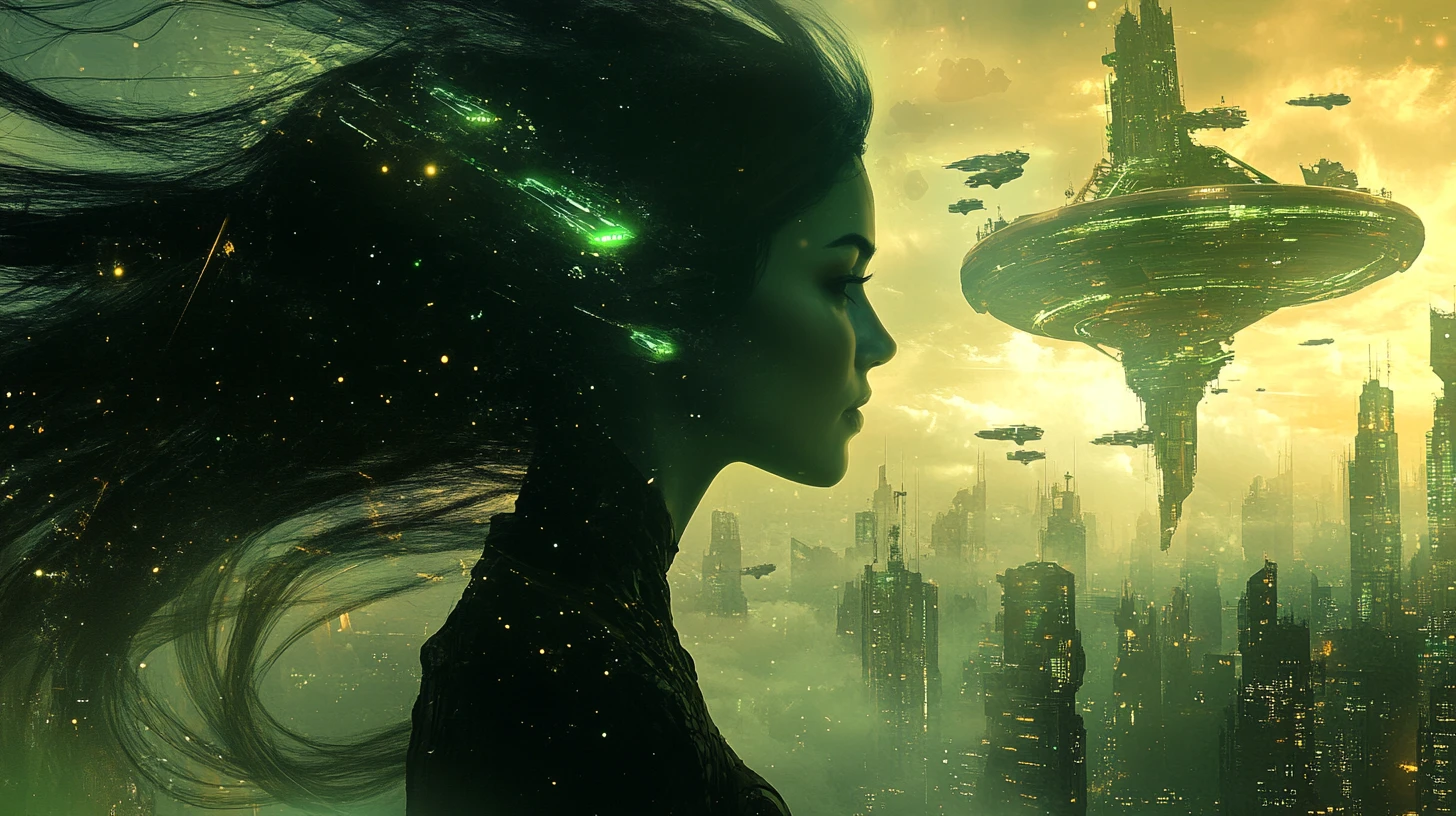Ritratto in doppia esposizione di dea celestiale con interno sci‑fi