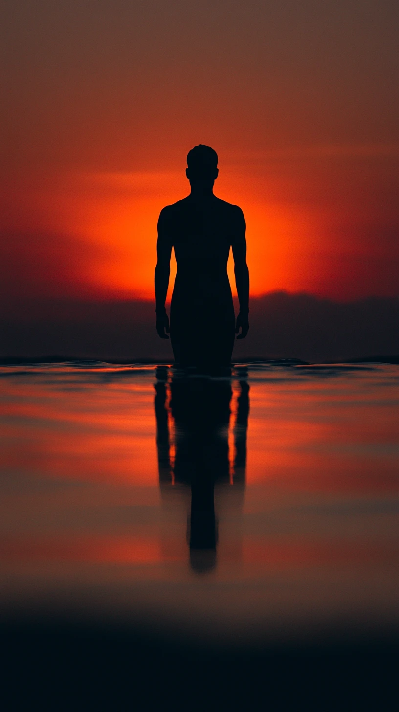 Figura em silhueta fundindo-se com uma sombra tranquila ao pôr do sol
