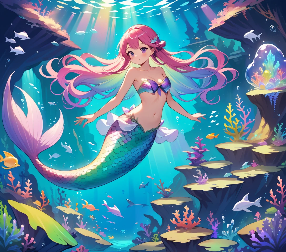 神秘的な海底王国の虹色の髪の人魚