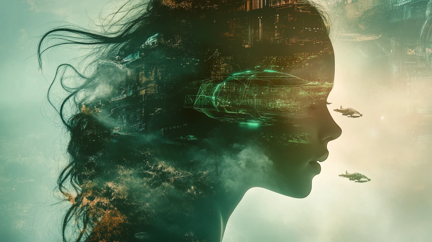 Ritratto di dea celestiale con città sci-fi all'interno della silhouette
