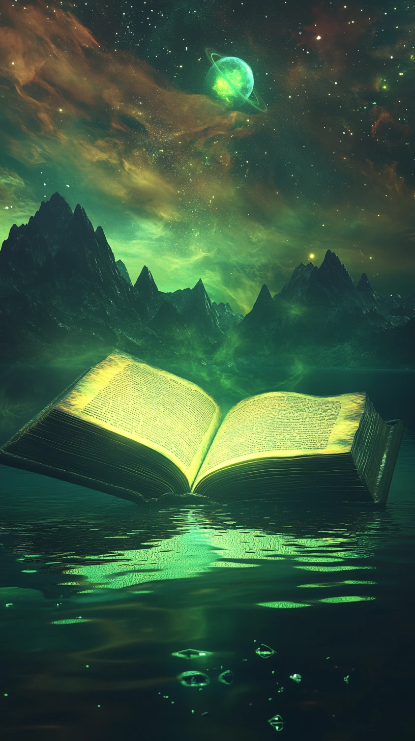 Glowing Ancient Book Floating Above Cosmic Reflective Waters