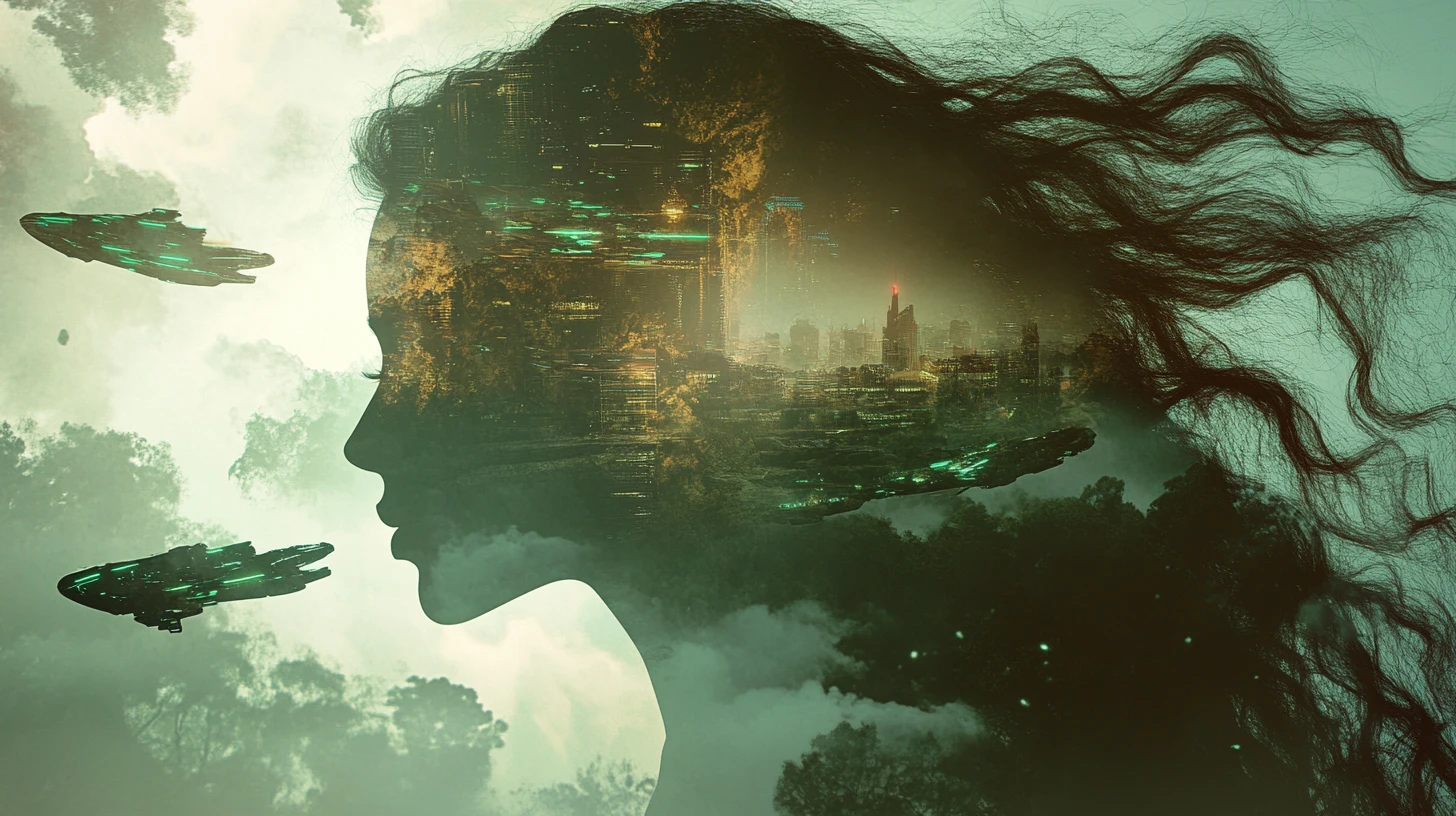 Portrait de déesse céleste avec silhouette de ville de science-fiction