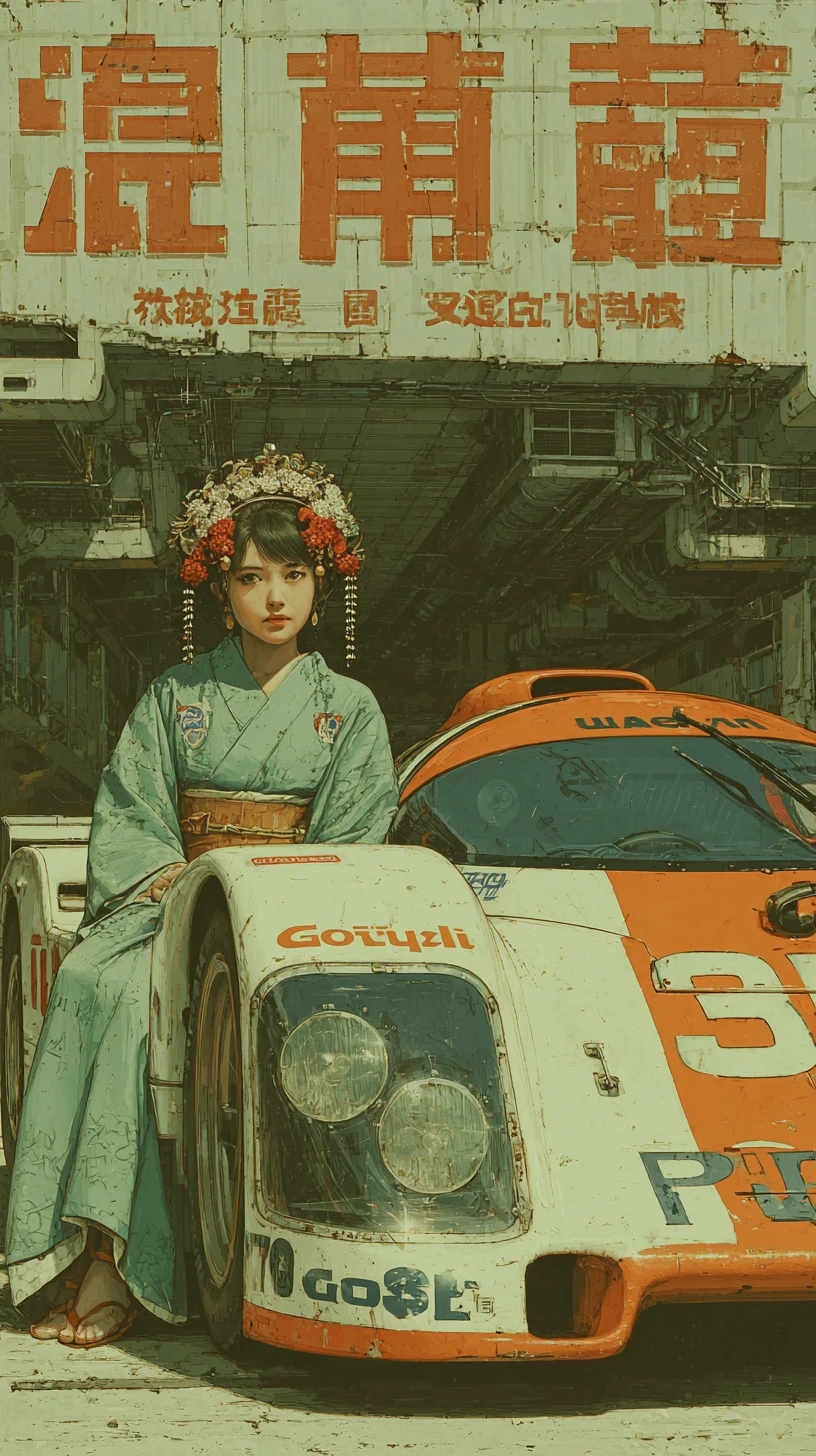 Anime girl beside racing car in retro japanese city