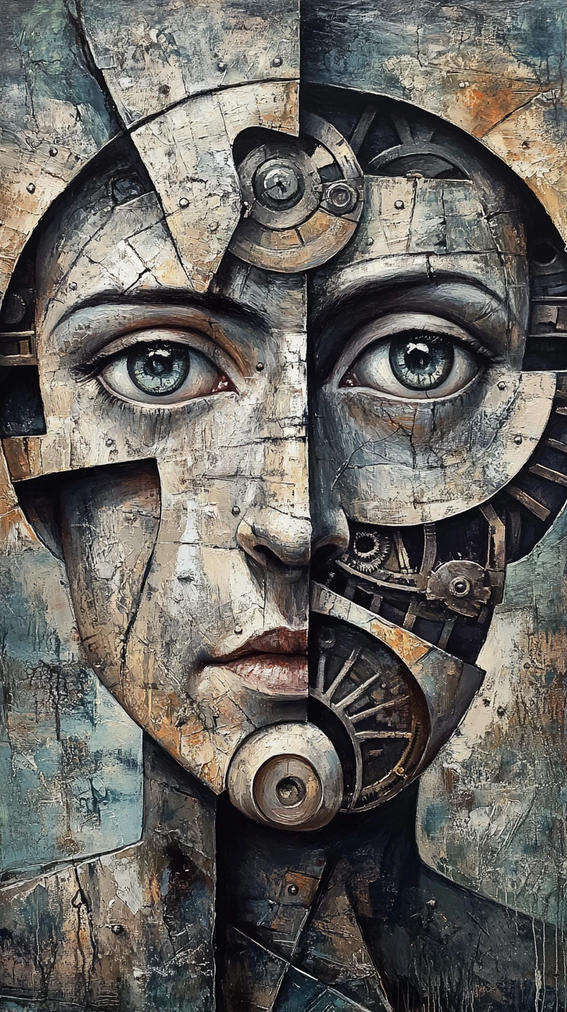Surrealistisches kubistisches Porträt fragmentierter mechanischer Menschen-Gesichter