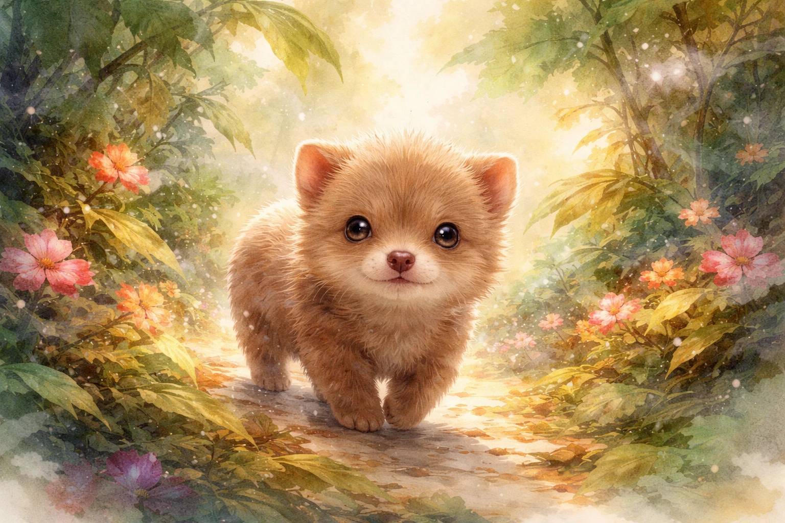 Filhote de cachorro-do-mato em aquarela caminhando na névoa de uma selva exuberante