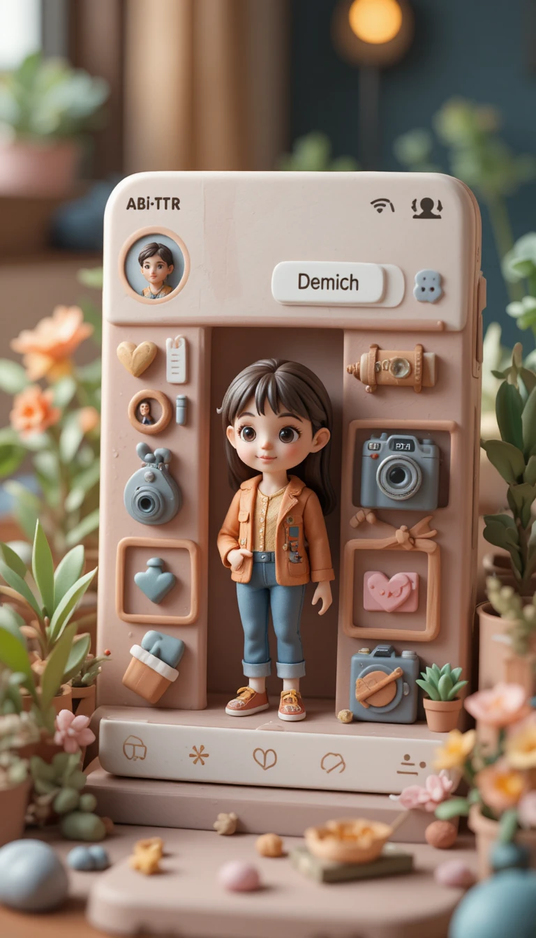 Diorama de argila de um perfil do Instagram com mulher 3D fofa