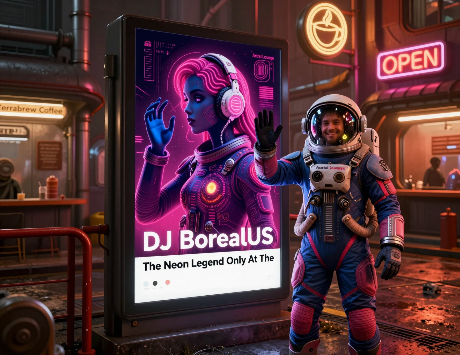 Astronaut winkt neben Neon-DJ-Poster in futuristischer Straße