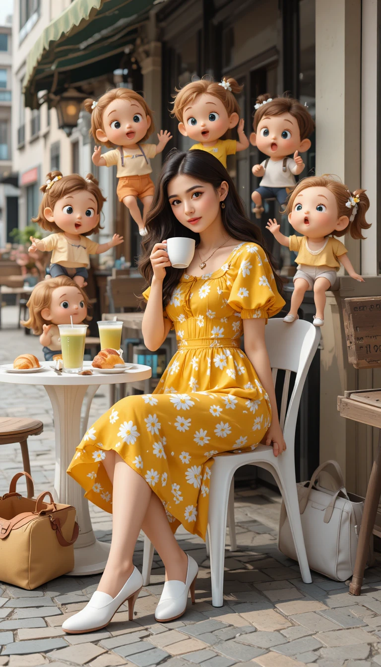 Femme en robe jaune avec un café au café de rue en ville