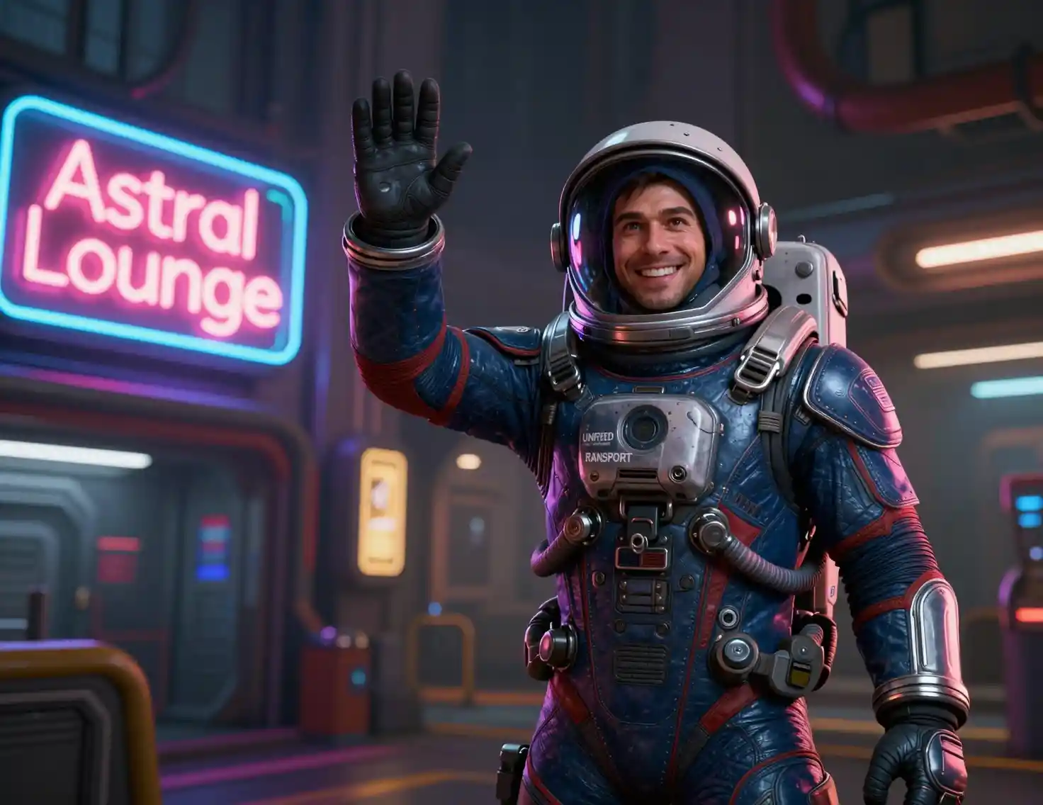 Astronauta amigável acenando em uma cidade futurista iluminada por néon