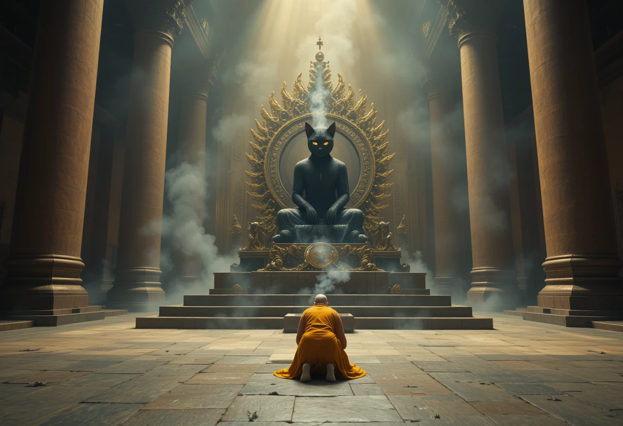Gato negro demoníaco en trono dorado en un templo inmenso