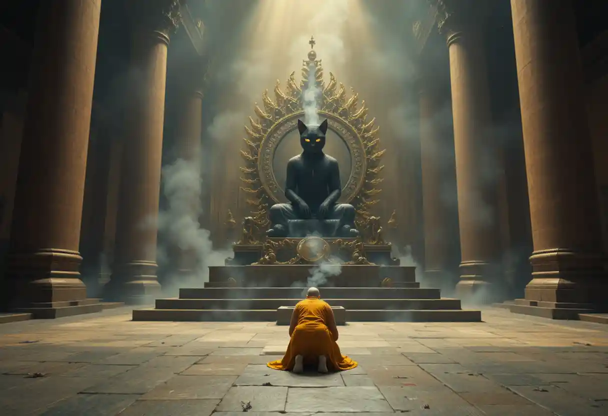 Gato negro demoníaco en trono dorado en un templo inmenso