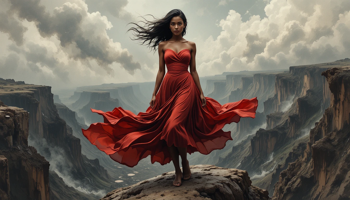 Woman in crimson dress standing on a windswept cliff edge