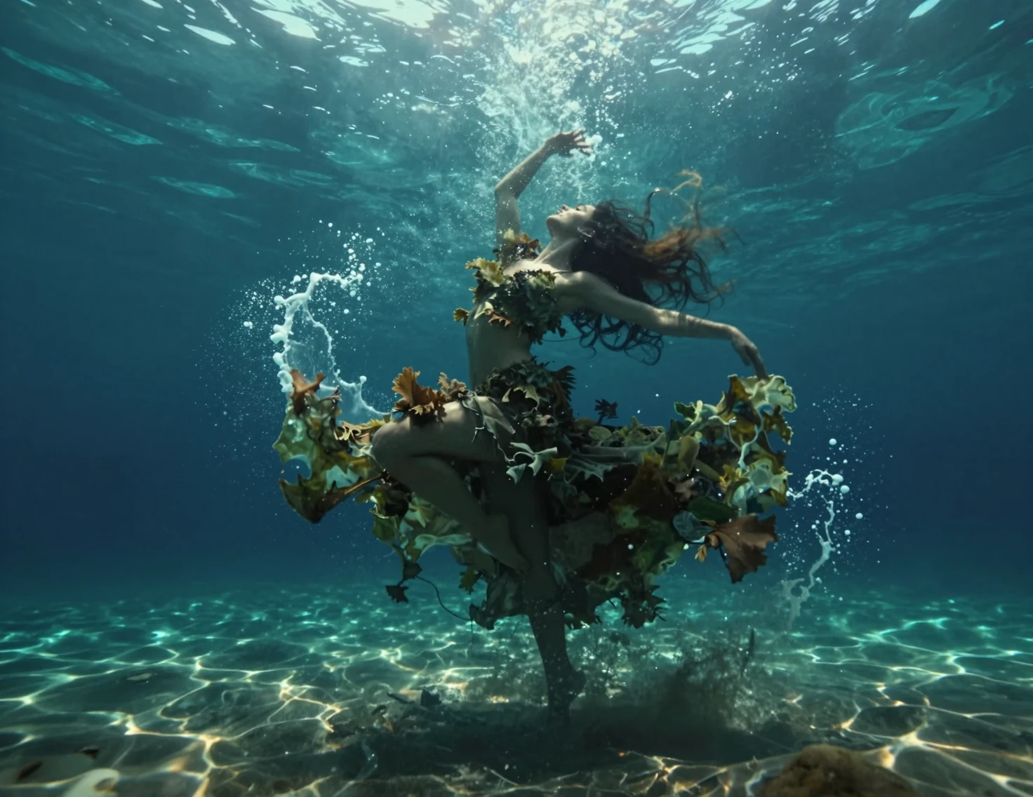 Dancer Blending With Sea Foam In A Dreamlike Ocean