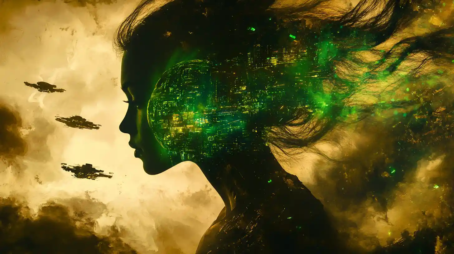 Celestial goddess portrait with sci fi city silhouette