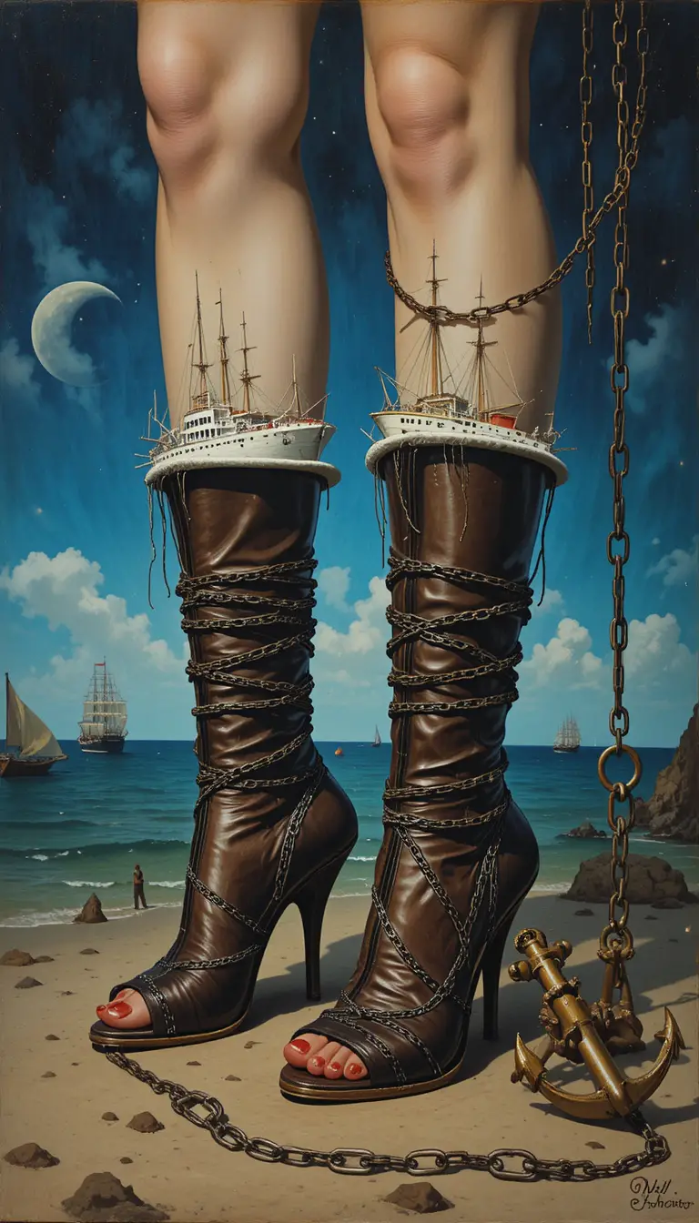 Surreale Schiffe in Form geketteter High-Heel-Stiefel