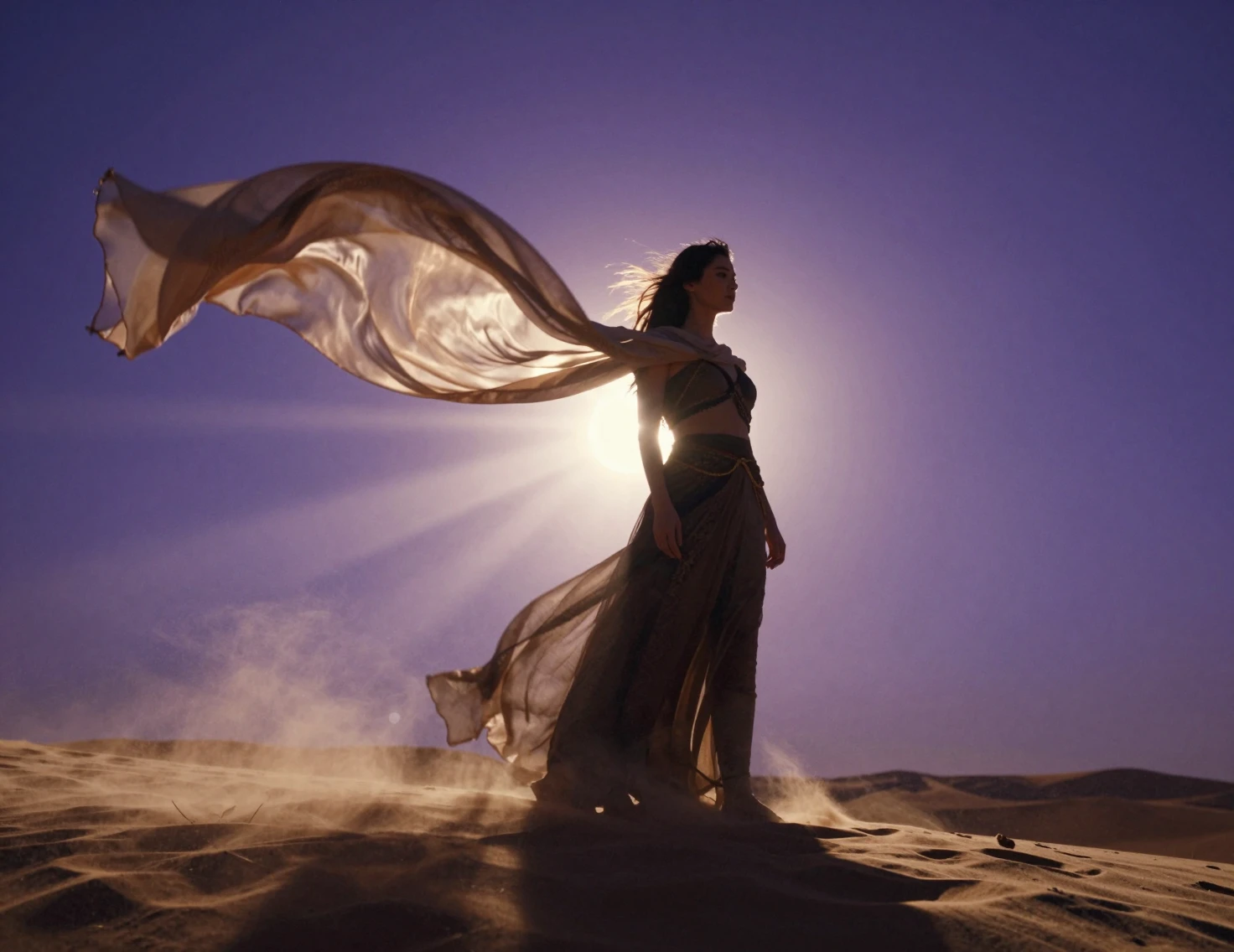 Woman on desert dune in dramatic volumetric twilight light