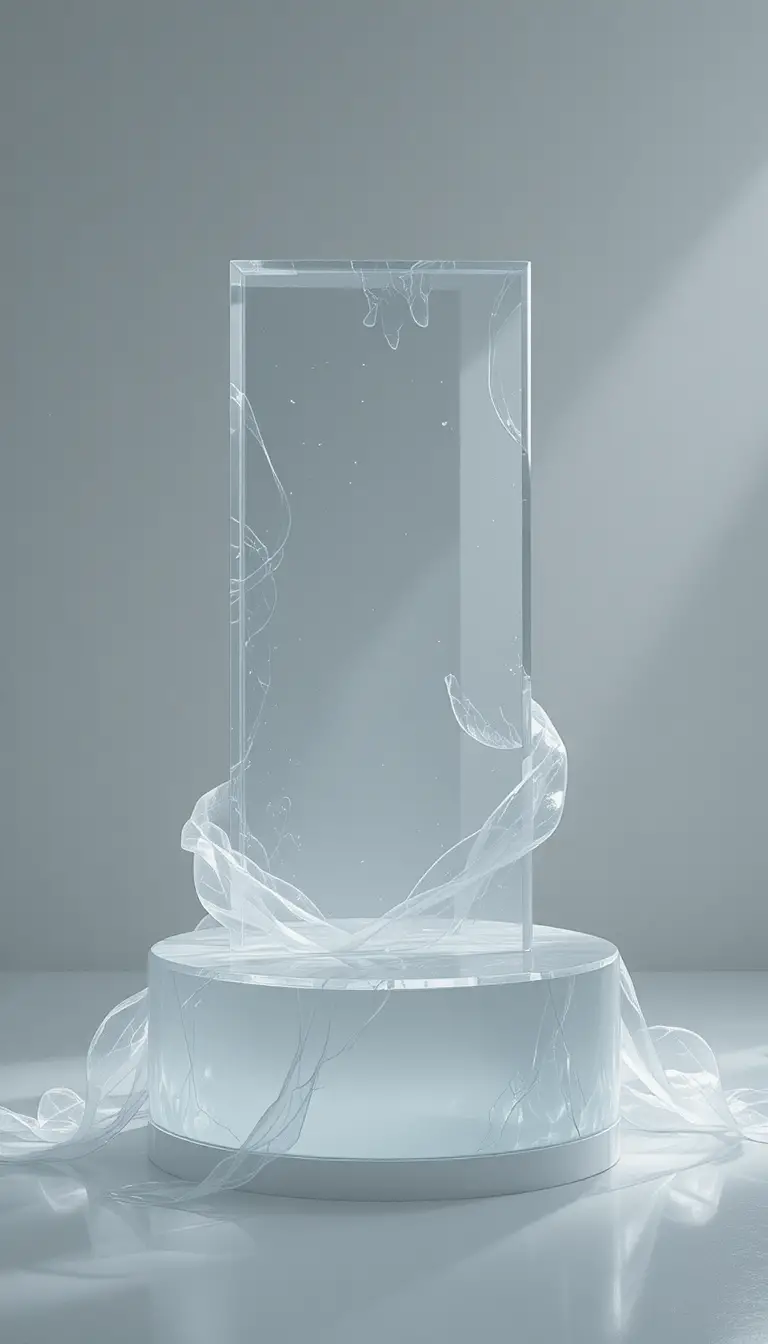 Invisible glass podium with subtle refraction on white background