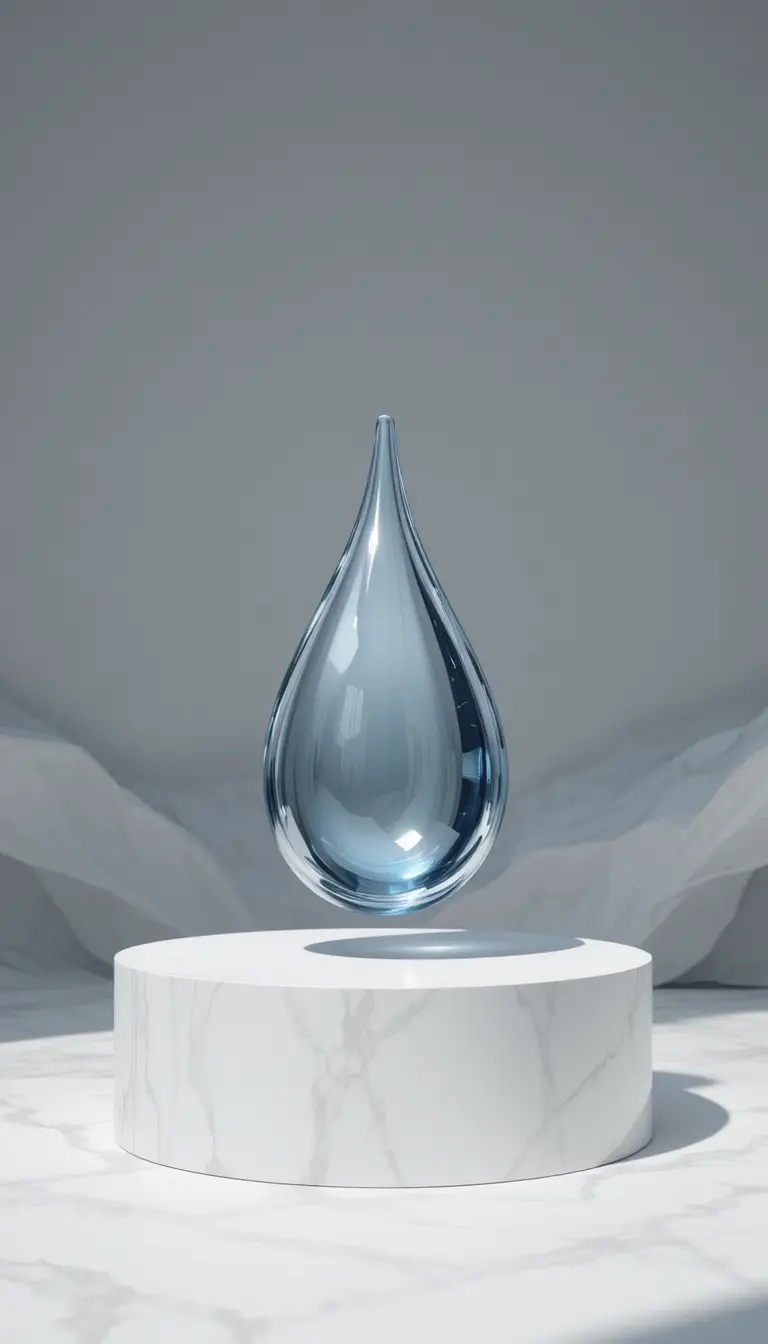 Minimalist podium with levitating metallic teardrop object