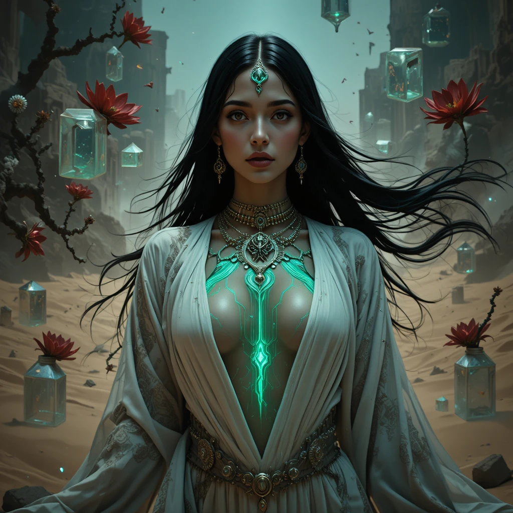Mistica donna cyberpunk in un ritratto monocromatico nel deserto