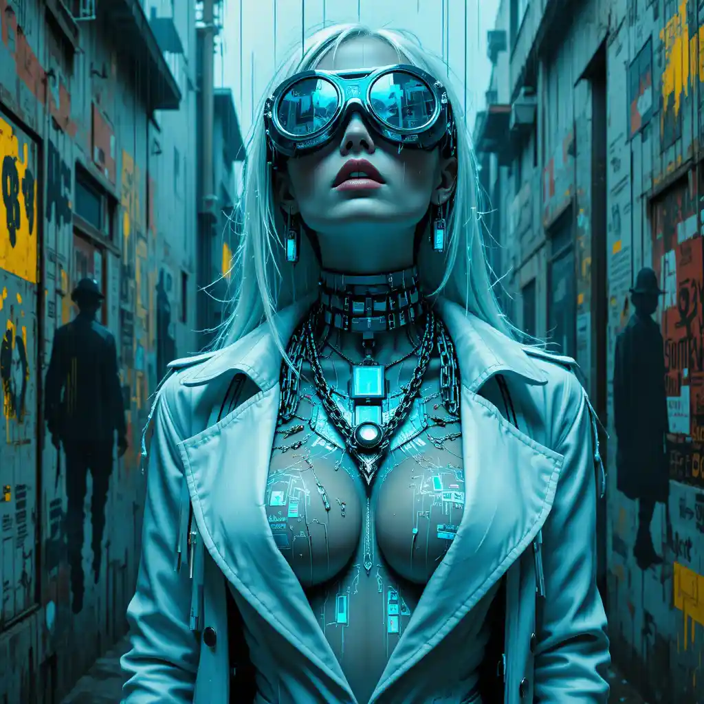 Cybernetic woman in glitch art noir street portrait