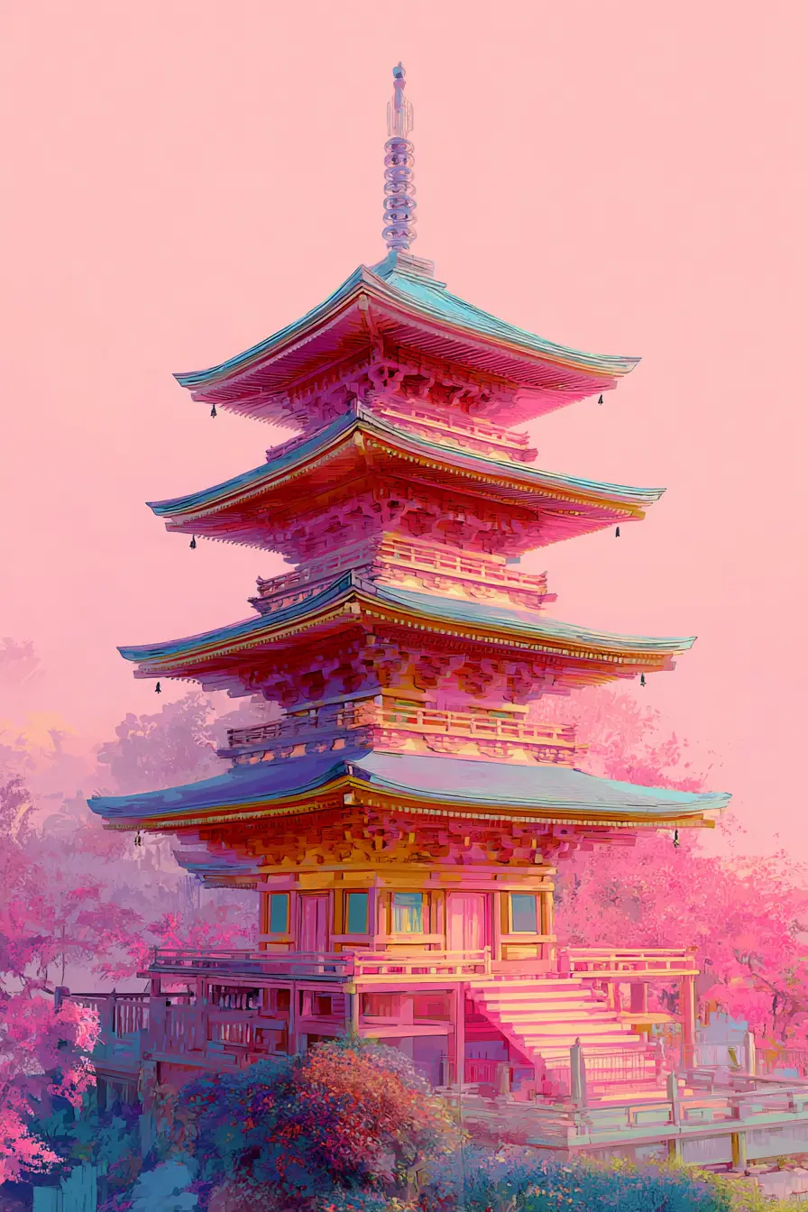 Futuristische abstrakte Zen-Pagode, leuchtend in pastelligen Frühlingsfarben