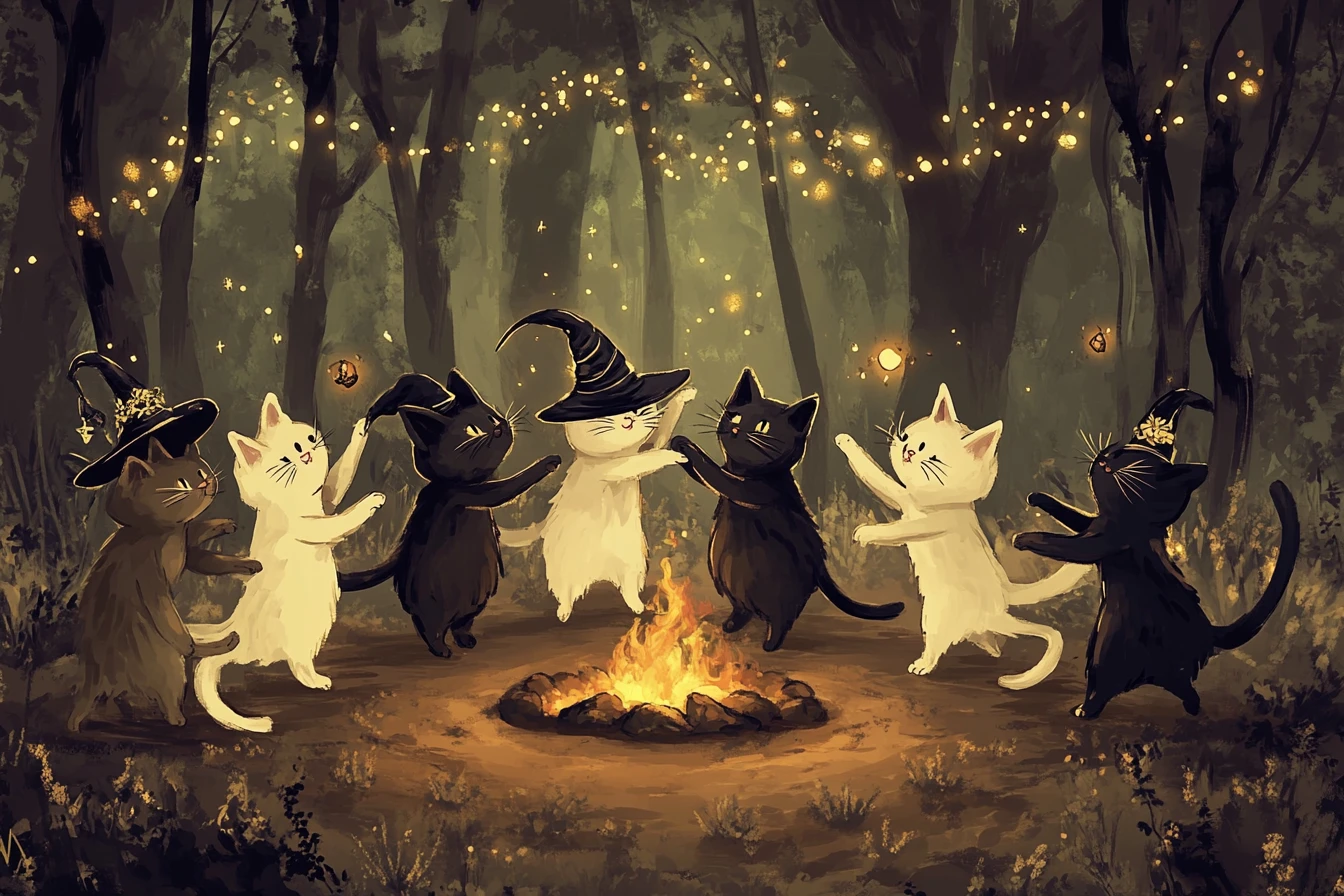 Gatas bruxas brincalhonas dançando em uma floresta ao redor do fogo