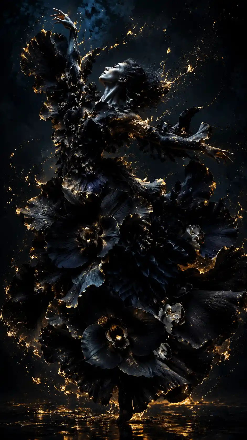 Surreal dancer transforming into dark blooming flowers