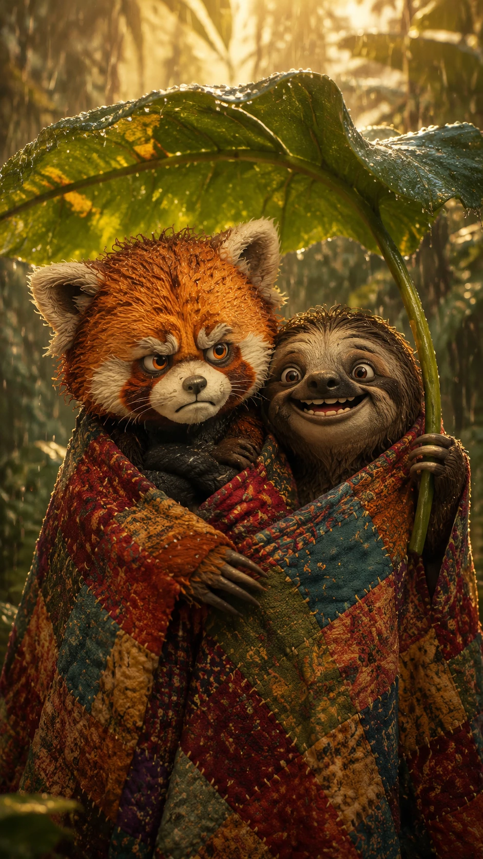 Panda rosso e bradipo che si coccolano sotto una foglia tropicale