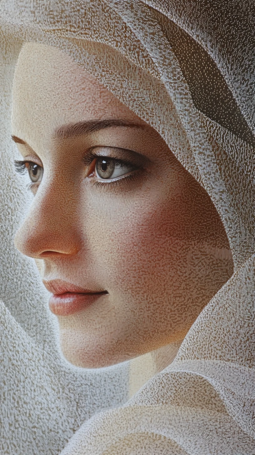 Pointillist portrait of a braided woman veiled by flowing hair